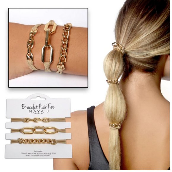 Bracelet Hair Ties - Yellow Chain Link on Beige cord by MAYA J - Picture 3 of 4